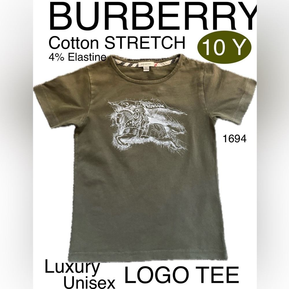 BURBERRY Luxury LOGO Cotton Stretch TEE🔥4% Elastine/ARMY Green/White🔥EUC🔥10 Y